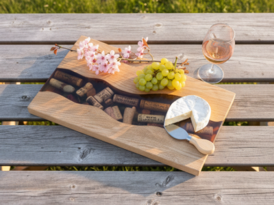Planche à tapas rivière d'époxy et bouchons incrustés