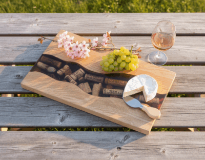 Planche à tapas rivière d'époxy et bouchons incrustés