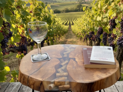 Table d’appoint en bois, résine et bouchons de vin