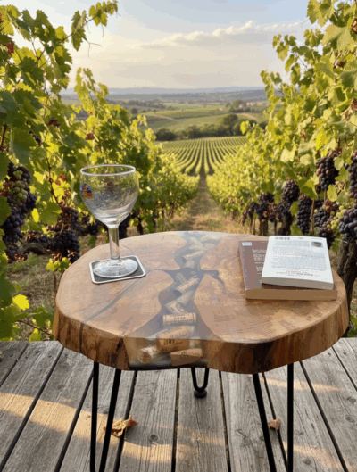 Table d’appoint en bois, résine et bouchons de vin