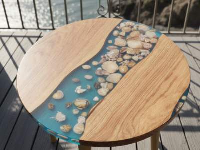 Table basse en chêne massif avec rivière en résine et coquillages