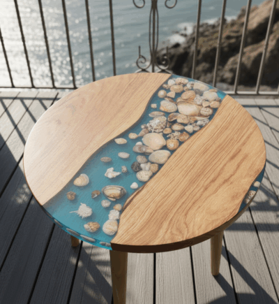 Table basse en chêne massif avec rivière en résine et coquillages