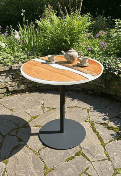 Guéridon en Chêne Massif & Résine Époxy Blanc