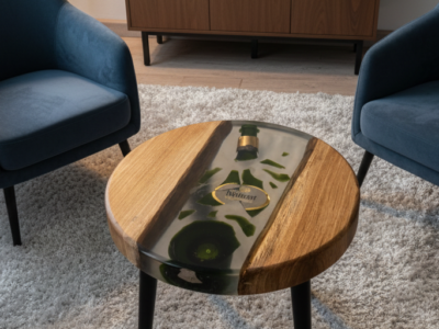 Bout de canapé en bois et résine avec bouteille de champagne