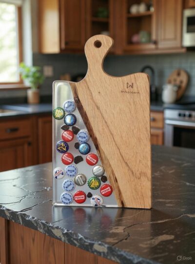 Planche apéritive en bois et résine – Capsules de bière – Pièce artisanale unique